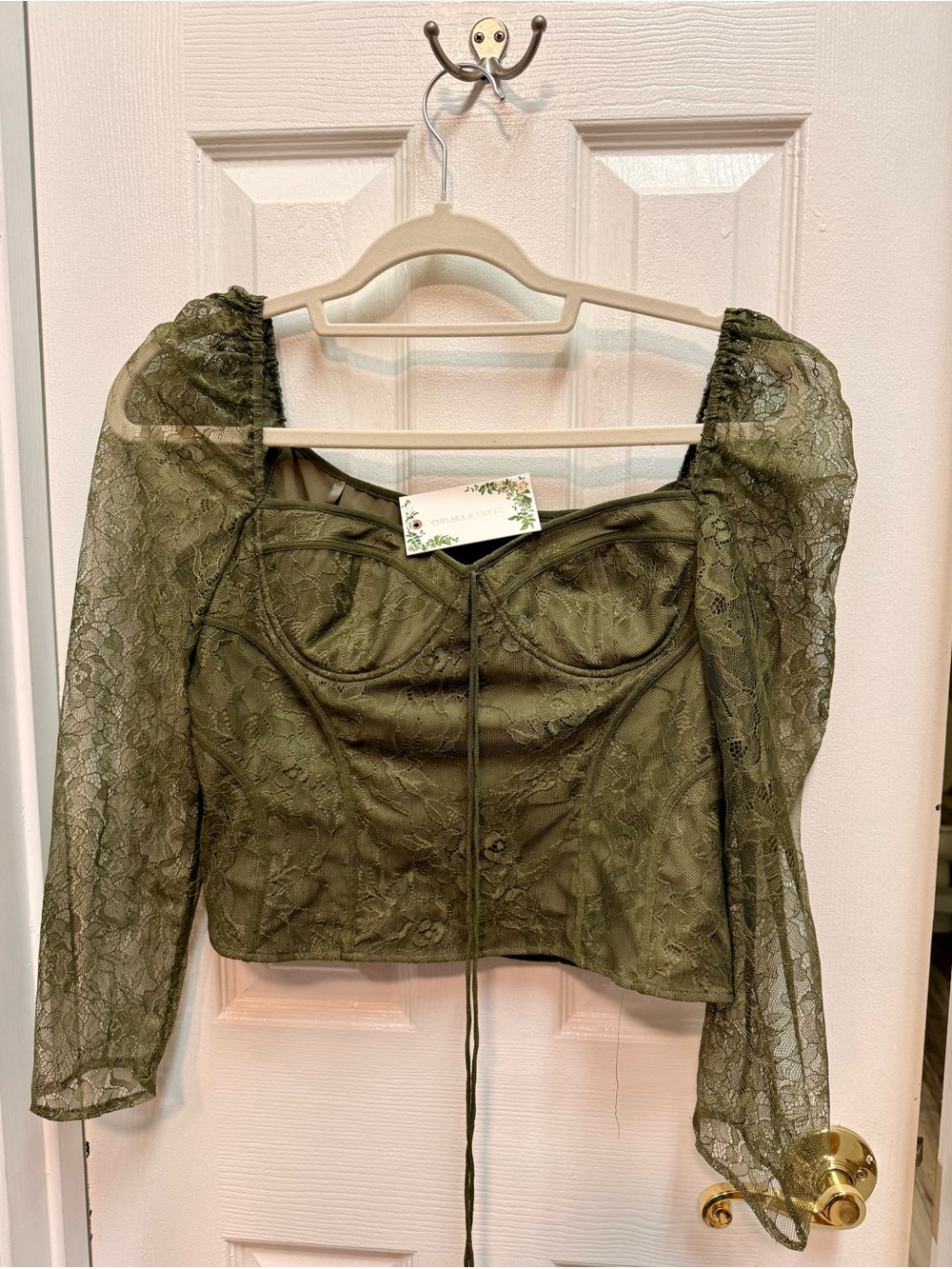 Chelsea & Violet Olive Lace Puff-Sleeve Corset Blouse